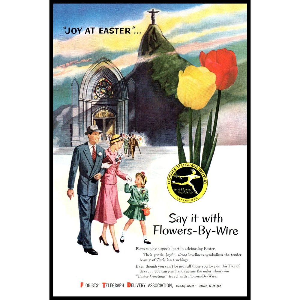 1954 FTD Florists Vintage Print Ad Easter Flowers Tulips Christ the Redeemer Art